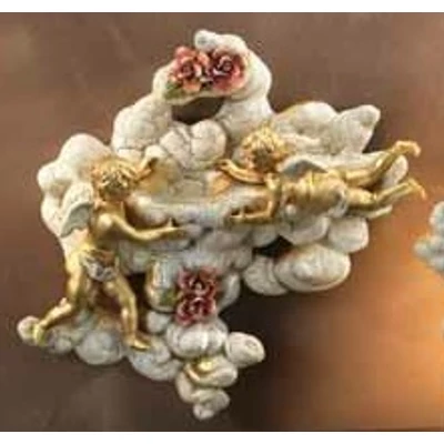 Cloud-shaped ceramic ornament with angels, painted ceramic.