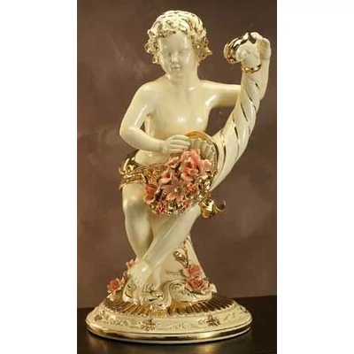 Ceramic table with angel and with the horn of abundance, with flowers.