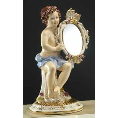 Ceramic table with angel and with the horn of abundance, with flowers.