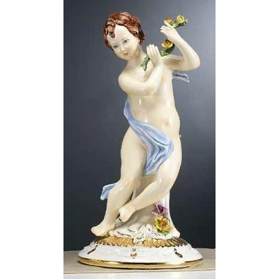Ceramic table angel sculpture with flowers, painted porcelain
