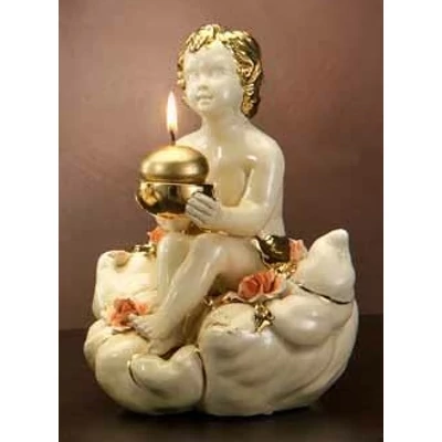 Felhőn ülő kerámia angyalka gyertyatartóval