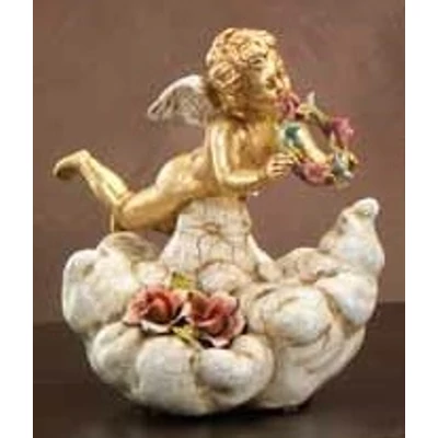 Ceramic angel playing on a cloud.