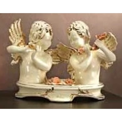 Angel couple ceramic bust sculpture with flowers - painted porcelain.