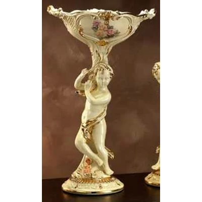 Ceramic table angel sculpture with decorative bowl on top, painted porcelain