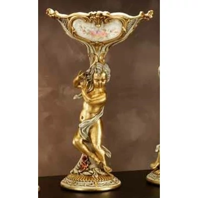 Ceramic table angel sculpture with decorative bowl on top, painted porcelain