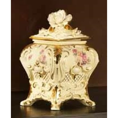 Angular ceramic jewelry box with roses. Color: cream color, gold