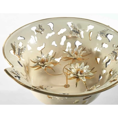 Large ceramic table with butterflies with glass. Color: cream color, gold, platinum