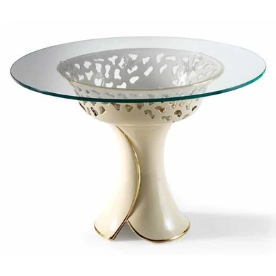 Kisméretű kerámia asztal pillangókkal, üveglappal Ø 75 cm - krémszínű, arany, platina