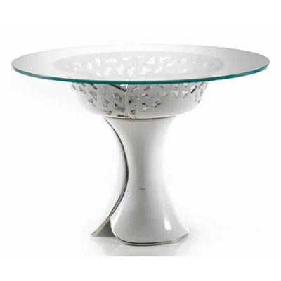 Kisméretű kerámia asztal pillangókkal, üveglappal Ø 75 cm - fehér, platina