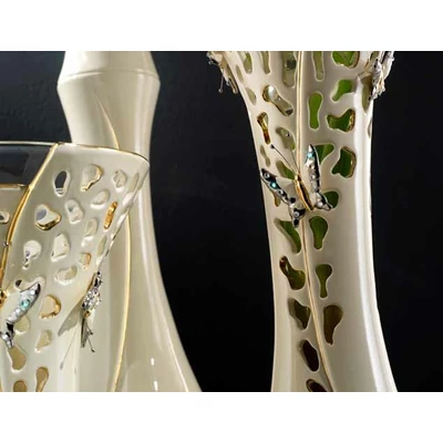Medium size ceramic vase with butterflies with glass. Color: cream color, gold, platinum