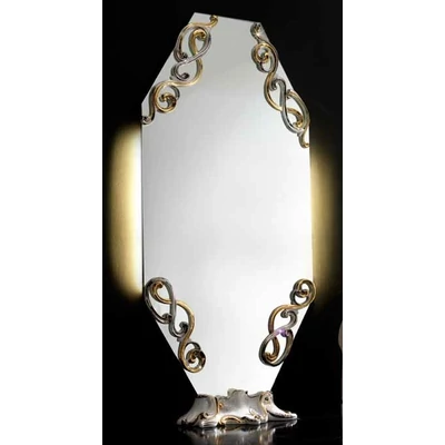 Octagonal ceramic mirror with 4 decorations, with original Swarovski crystals, with pedestal. Color: white, gold, platinum