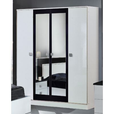DI Amal 4-ajtós gardróbszekrény, 2 tükrös ajtóval - fehér-fekete