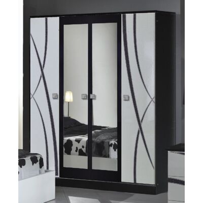 DI Ambra 4-ajtós gardróbszekrény, 2 tükrös ajtóval - fekete-fehér