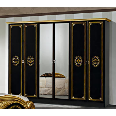 DI Lucy 6-ajtós gardróbszekrény, 2 tükrös ajtóval - fekete-arany