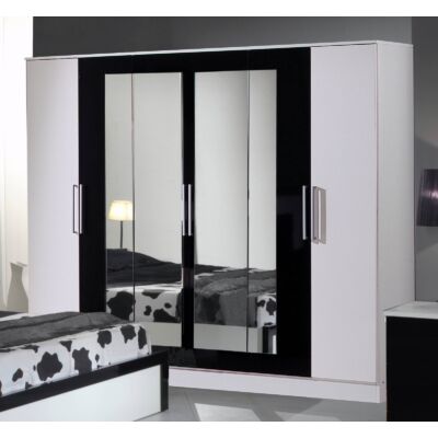DI Miami/Milano 6-ajtós gardróbszekrény, 2 tükrös ajtóval - fehér-fekete