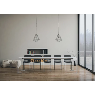 Tecno konzolasztal fehér vázzal – nyitott állapotban – 300 cm – fehér kőris színváltozat