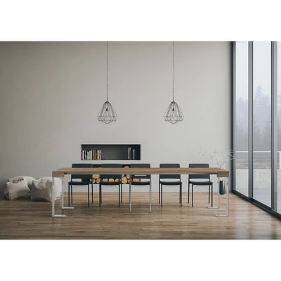 Tecno konzolasztal fehér vázzal – nyitott állapotban – 300 cm – dió színváltozat