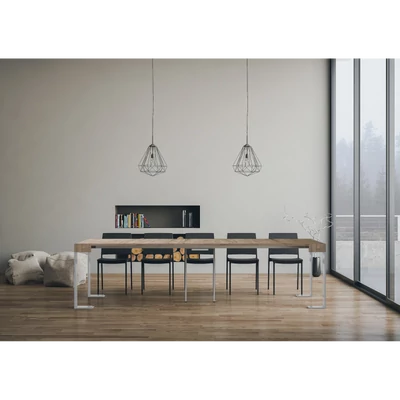 Tecno konzolasztal fehér vázzal – nyitott állapotban – 300 cm – természetes tölgy színváltozat