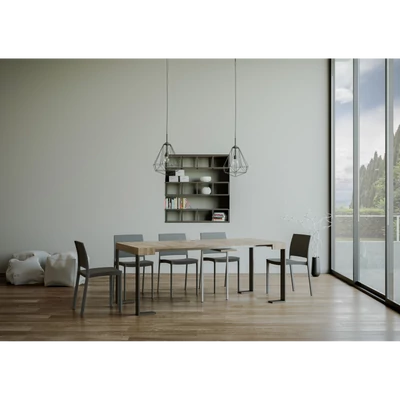 Tecno konzolasztal antracit vázzal – nyitott állapotban – 196 cm – természetes tölgy színváltozat