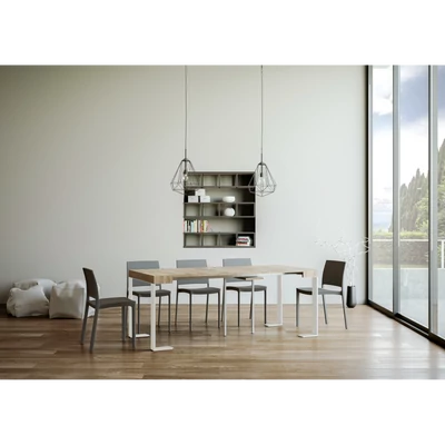 Tecno konzolasztal fehér vázzal – nyitott állapotban – 196 cm – természetes tölgy színváltozat