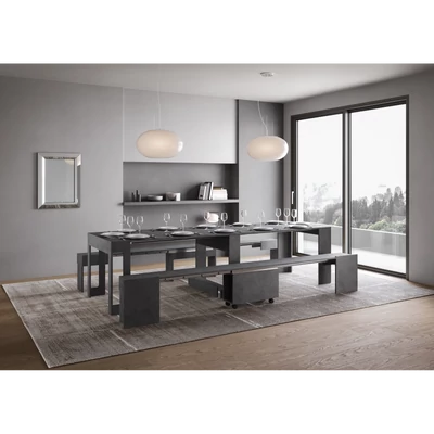 Evolve konzolasztal kihúzható dupla ülőpaddal – nyitott állapotban – antracit színváltozat