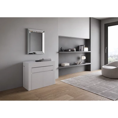 Evolve konzolasztal kihúzható dupla ülőpaddal – zárt állapotban – fehér kőris színváltozat