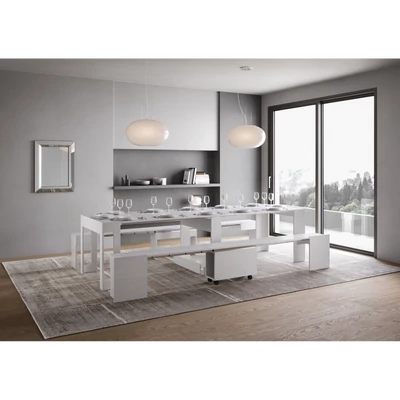 Evolve konzolasztal kihúzható dupla ülőpaddal – nyitott állapotban – fehér kőris színváltozat