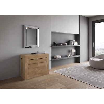 Evolve konzolasztal kihúzható dupla ülőpaddal – zárt állapotban – természetes tölgy színváltozat