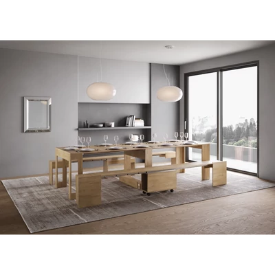 Evolve konzolasztal kihúzható dupla ülőpaddal – nyitott állapotban – természetes tölgy színváltozat