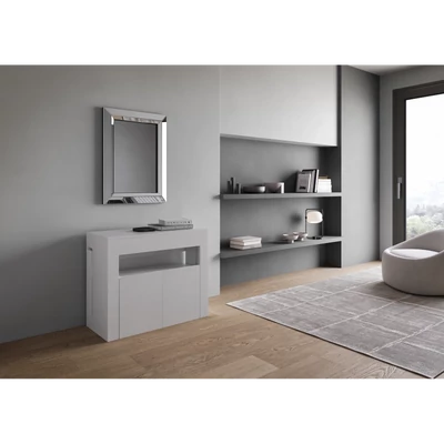 Evolve konzolasztal kihúzható ülőpaddal – zárt állapotban – fehér kőris színváltozat