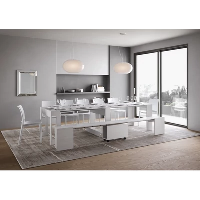 Evolve konzolasztal kihúzható ülőpaddal – nyitott állapotban – fehér kőris színváltozat