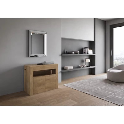 Evolve konzolasztal kihúzható ülőpaddal – zárt állapotban – természetes tölgy színváltozat