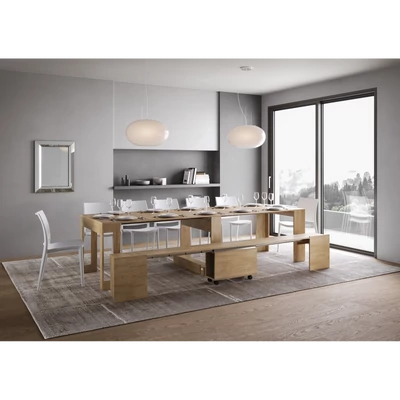 Evolve konzolasztal kihúzható ülőpaddal – nyitott állapotban – természetes tölgy színváltozat