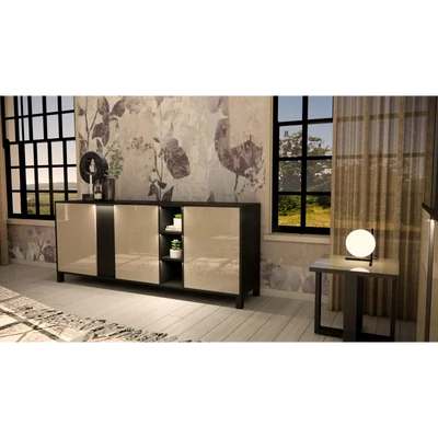 Bézs-sötétbarna tálalószekrény LED-világítással; 3 ajtós – LM Venus Day