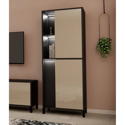 Bézs-sötétbarna vitrines szekrény LED-világítással; 1 ajtós – LM Venus Day