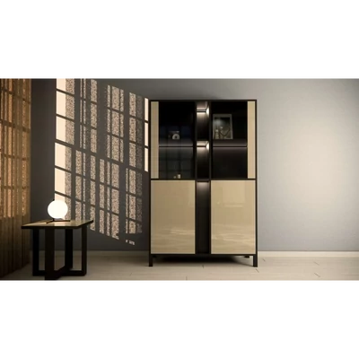 Bézs-sötétbarna vitrines szekrény LED-világítással; 2 ajtós – LM Venus Day