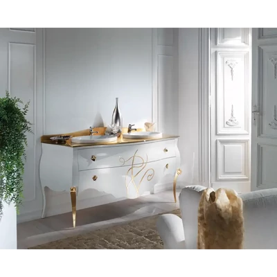 Fürdőszobaszekrény 2 fiókkal, arany- vagy ezüstfóliás üveg fedlappal, 2 db mosdókagylóval – Morello 4630