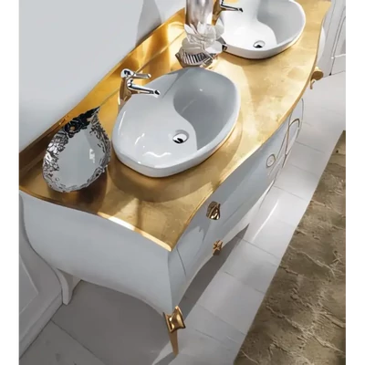 Fürdőszobaszekrény 2 fiókkal, arany- vagy ezüstfóliás üveg fedlappal, 2 db mosdókagylóval – Morello 4630