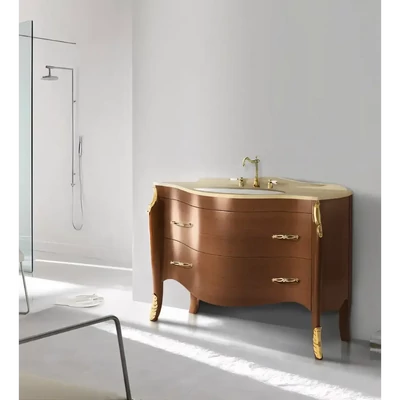 Fürdőszobaszekrény 2 fiókkal, íves dizájnnal, Sahara Gold márvány fedlappal, finoman záródó fiókokkal, mosdókagylóval – Morello 4652