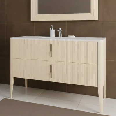 Fürdőszobaszekrény 2 fiókkal, bordázott dizájnnal, fehér Carrara márvánnyal, finoman záródó fiókokkal, mosdókagylóval – Morello 4657