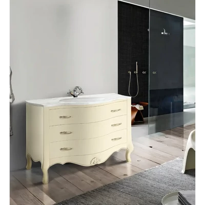 Fürdőszobaszekrény 3 fiókkal, íves dizájnnal, fehér Carrara márvány fedlappal, finoman záródó fiókokkal, mosdókagylóval – Morello 4651