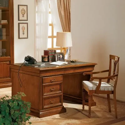 Íróasztal 3 fiókkal, faragott díszítéssel, műbőr asztallappal – Morello 3877