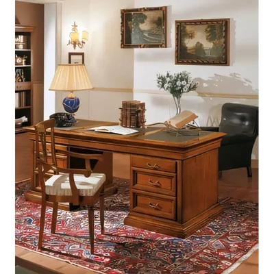 Íróasztal 6 fiókkal, faragott díszítéssel, műbőr asztallappal – Morello 3876