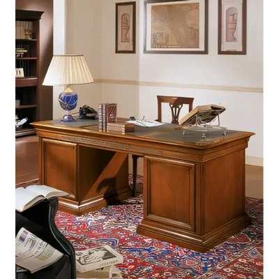 Writing Desk with 6 Drawers, with Carved Decoration, with Faux Leather Tabletop – Morello 3876