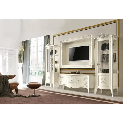 TV-szekrény szett (TV-szekrény + fali panel + 2x vitrines szekrény) – Morello 3265