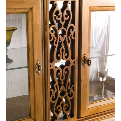 Vitrines tálalószekrény, 2 ajtós, áttört díszítéssel, kárpitozott hátfallal – Morello 3034