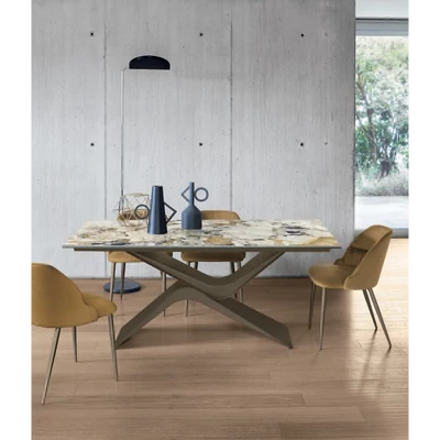 Arcus étkezőasztal (036 Etoille Simphony kerámia asztallap; bronz váz; 180x100 cm-es bővíthető változat) és Jasmine szék