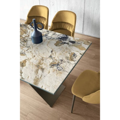 Arcus étkezőasztal (036 Etoille Simphony kerámia asztallap; bronz váz; 180x100 cm-es bővíthető változat) és Jasmine szék