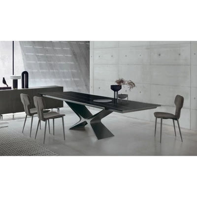Baltik étkezőasztal (füstüveg asztallap, antracit váz, 260x120 cm-es fix változat) és Dora szék