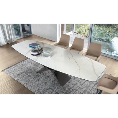 Baltik étkezőasztal (040 Calacatta Gold fényes kerámia asztallap; antracit váz; 200x110 cm-es bővíthető változat) és Havana szék (Polo 930 valódi bőr (F kategória); antracit váz)